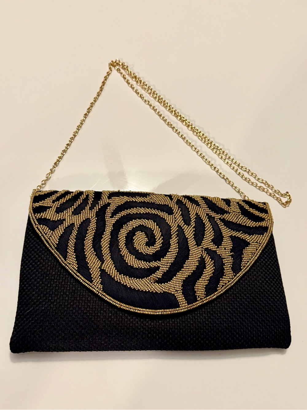 Black and Gold Beaded Evening Clutch with Chain Strap